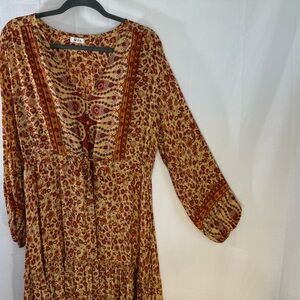 Aura 3X Autumn Floral Boho V Neck Long Sleeve Dress W/Button Details front Slit